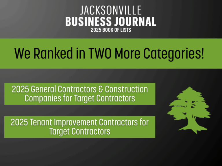 graphic with jacksonville business journal logo and says we ranked in two more categories: 2025 Tenant Improvement Contractors for Target Contractors & 2025 General Contractors & Construction Companies for Target Contractors