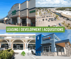 graphic that says leasing, development, and acquisitions overlaid on images of Sleiman properties