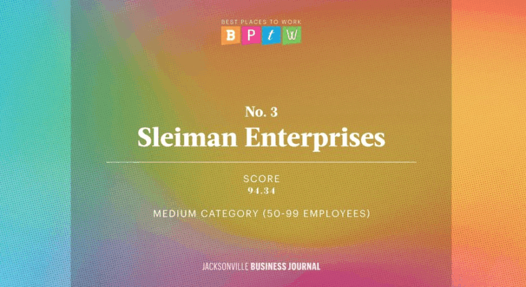 graphic for best places to work from jacksonville business journal. number 3 sleiman enterprises. score 94.34, medium category (50-99 employees). jacksonville business logo