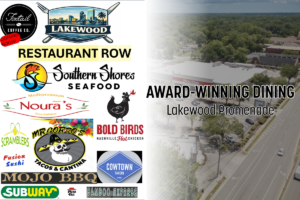 Graphic with restaurant logos and text that says "Award-winning dining. Lakewood Promenade"