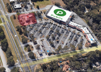 Ariel view of Moultrie Square with the available property marked in read with a square