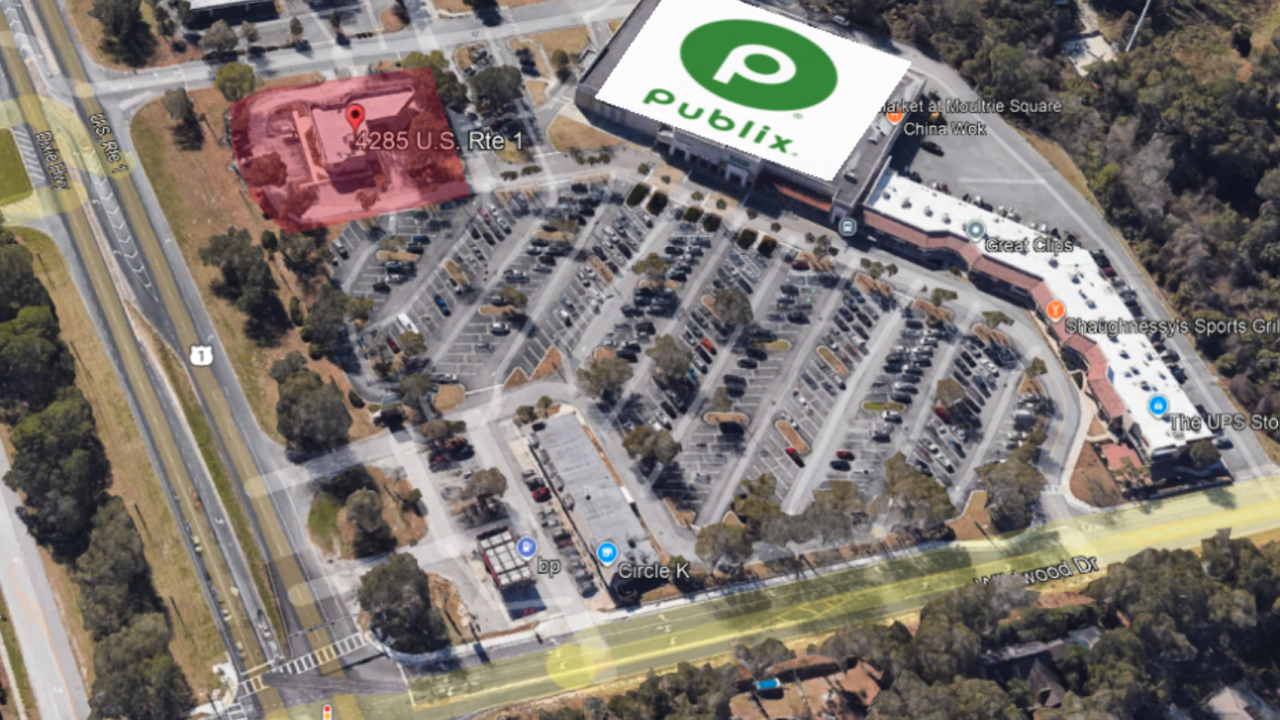 Ariel view of Moultrie Square with the available property marked in read with a square